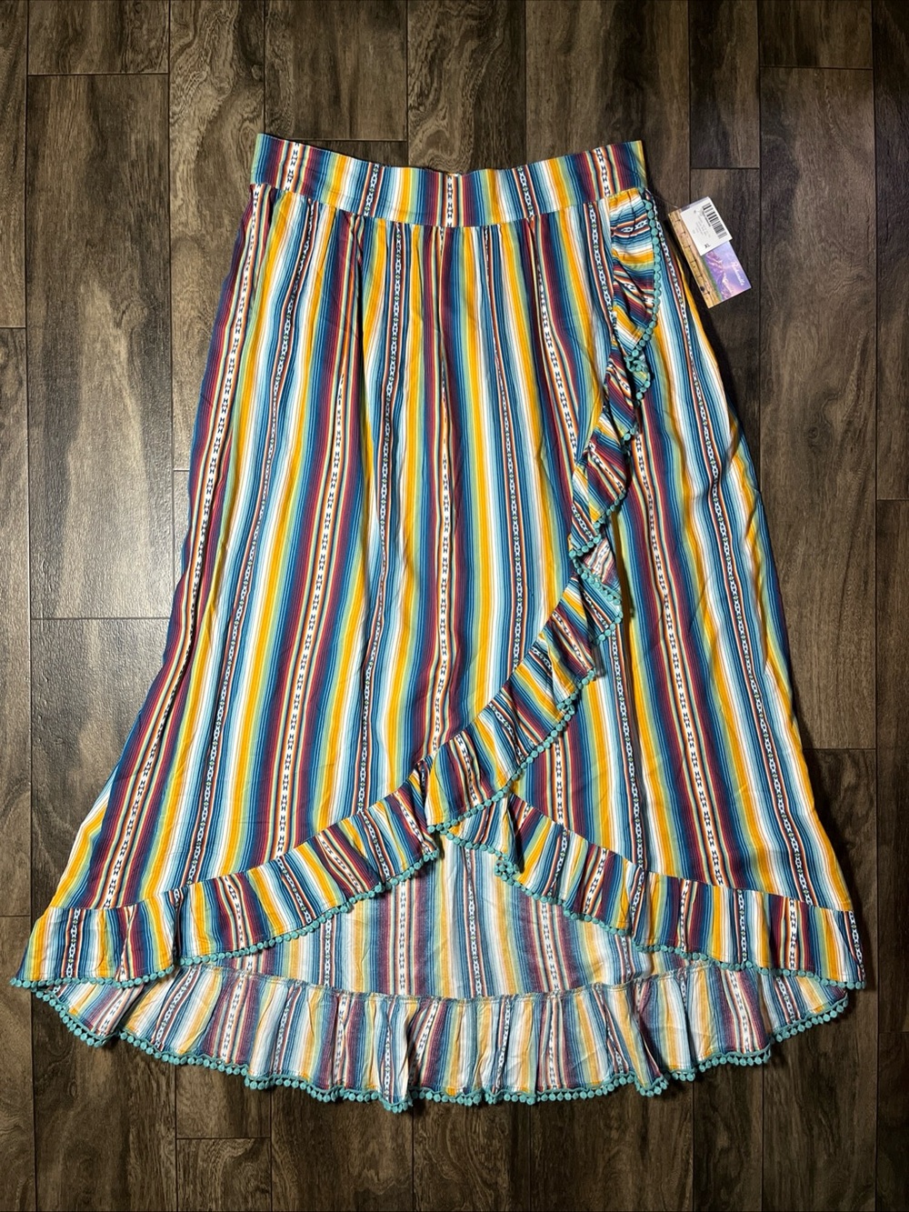 Panhandle Southwestern Ruffle Wrap Skirt Women's XL Serape Boho Pom Trim NWT